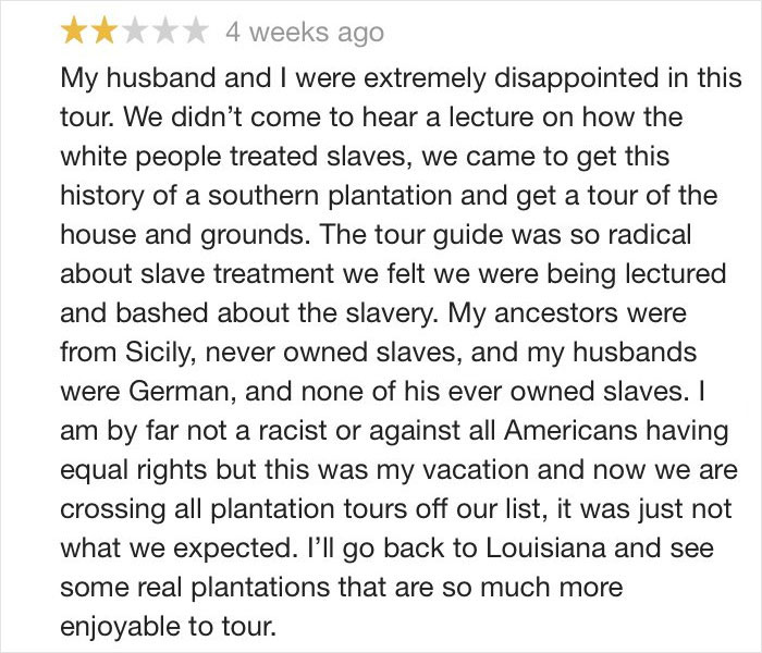 Two-star customer review expressing disappointment in a plantation tour, showcasing bad reviews that backfired on businesses.