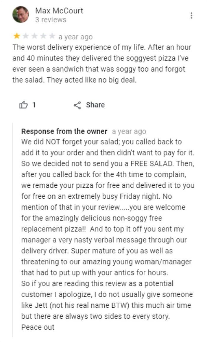 Customer bad review about soggy pizza and forgotten salad with owner's detailed response showing review backfired on business.