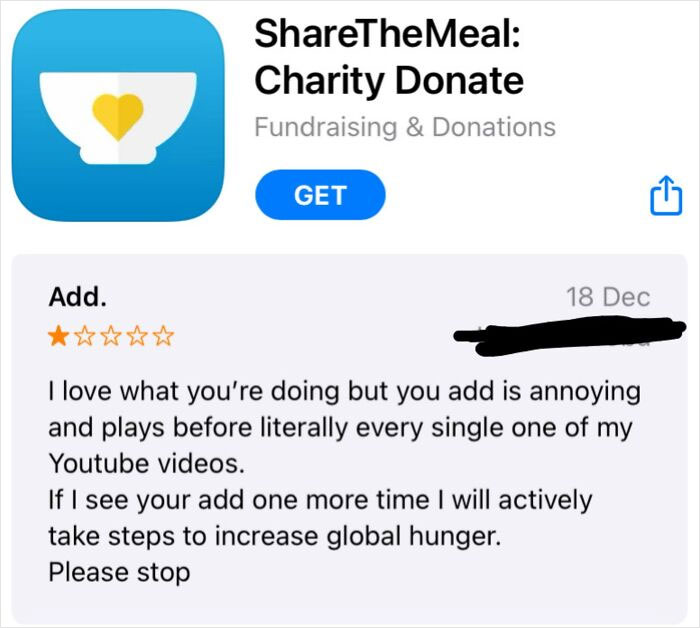 App review with a 1-star rating criticizing ads, showcasing customers trying to sabotage businesses with bad reviews.