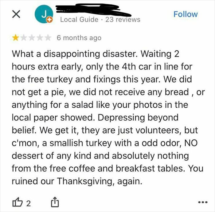 Negative customer review criticizing free turkey event, illustrating customers trying to sabotage businesses with bad reviews but backfiring.