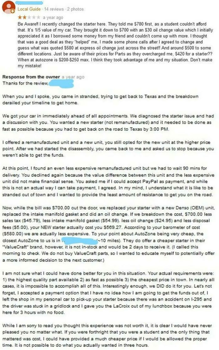 Owner Responds To Ridiculous Review Of His Auto Shop