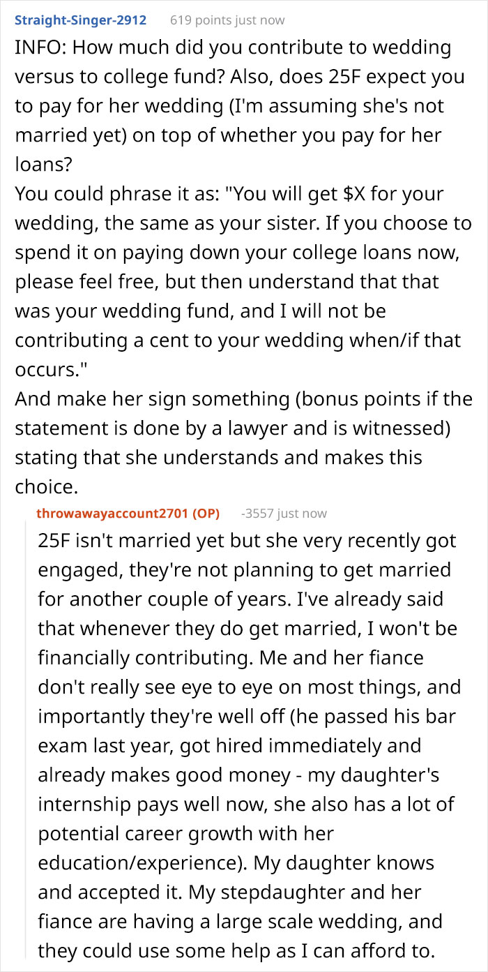 Dad Let His Daughter Know He Won&rsquo;t Be Paying For Her Wedding And Refuses To Help Her Further With Student Debt, But Contributes To Stepdaughter&rsquo;s Wedding
