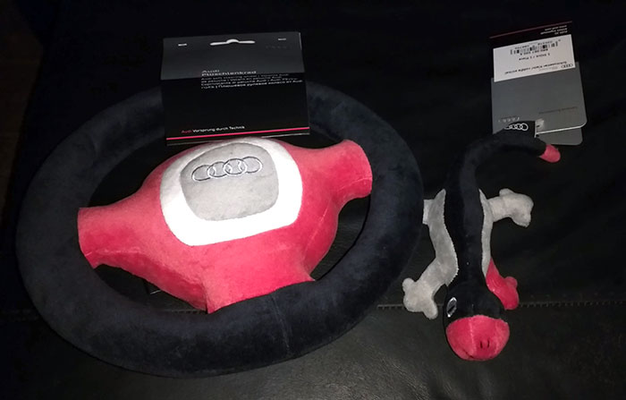 Audi Is Dog Friendly​. My Car Came Back From The Service With These Dog Toys On The Back Seat. Both Of My Labrador Retrievers Went Nuts