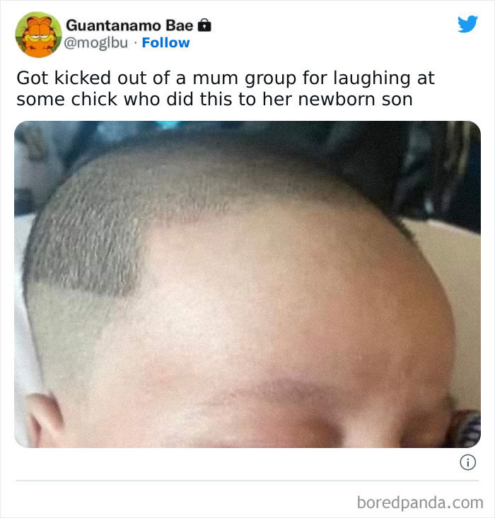 Bad haircut on a baby with an uneven hairline, showcasing a sharp contrast between shaved and unshaved areas.