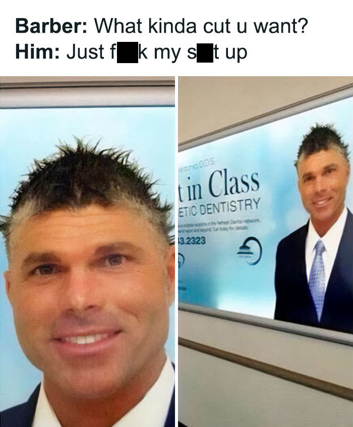 Person with a unique, spiky haircut poses for a professional photo in front of an advertisement.