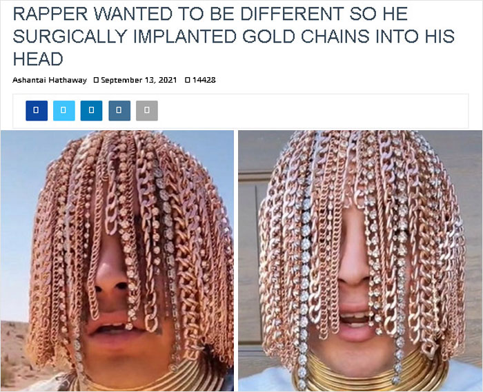 Person with gold chains styled as hair in a unique fashion experiment.