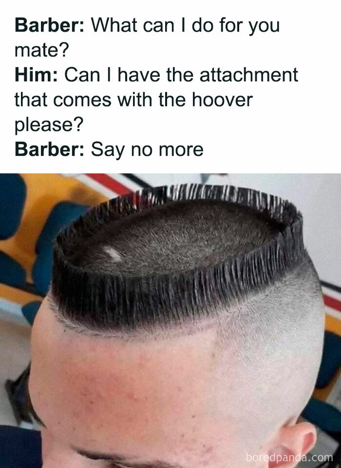 Unusual bad haircut resembling a vacuum cleaner brush on top of a man's head.