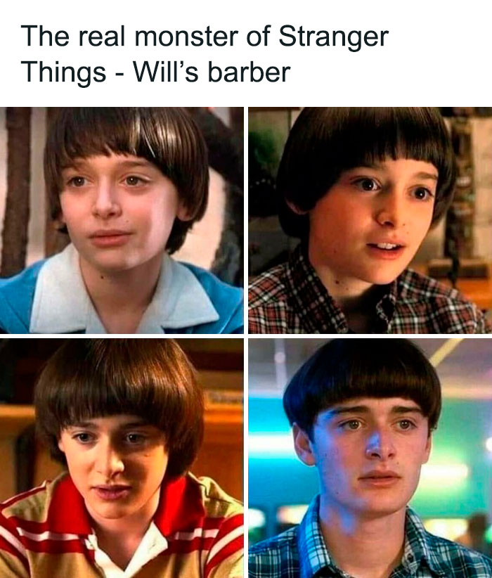 Four images of a boy from Stranger Things with a bowl cut, humorously labeled as a bad haircut idea.