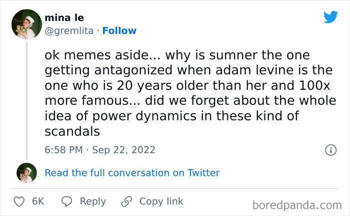 Tweet questioning power dynamics in Adam Levine's alleged leaked DMs scandal, noting fame and age differences.