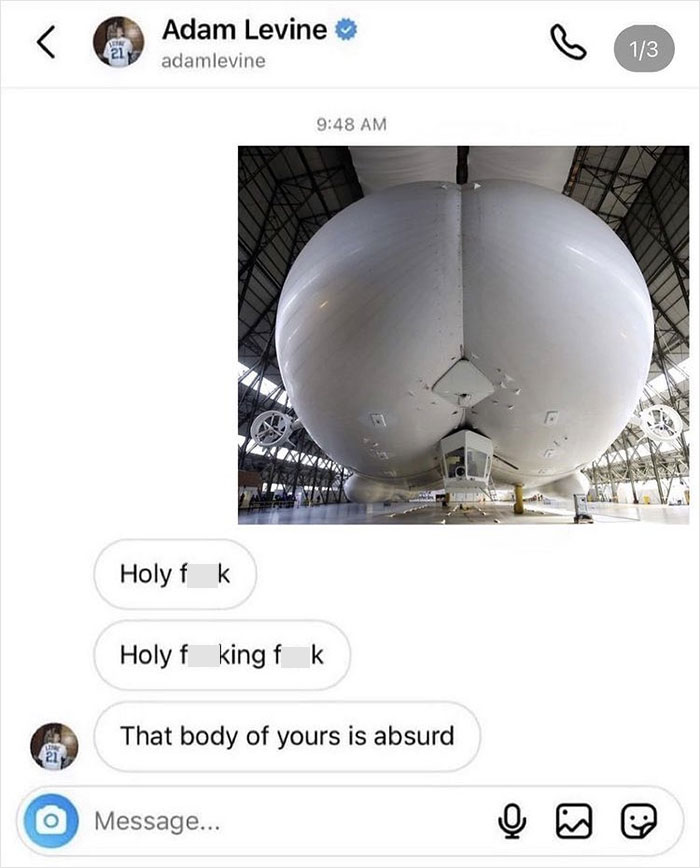 Adam Levine's alleged DMs include a reaction to a large airship photo, showing surprise and admiration.