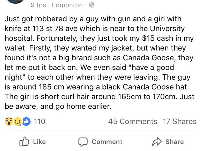 Things That Only Happen In Canada: Saying “Have A Good Night” To The People Who Robbed You