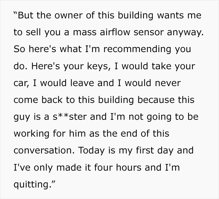 Auto Repair Shop Mechanic Shares How He Lasted Just 4 Hours At A New Job Because Of How Unethical The Manager's Business Practices Were
