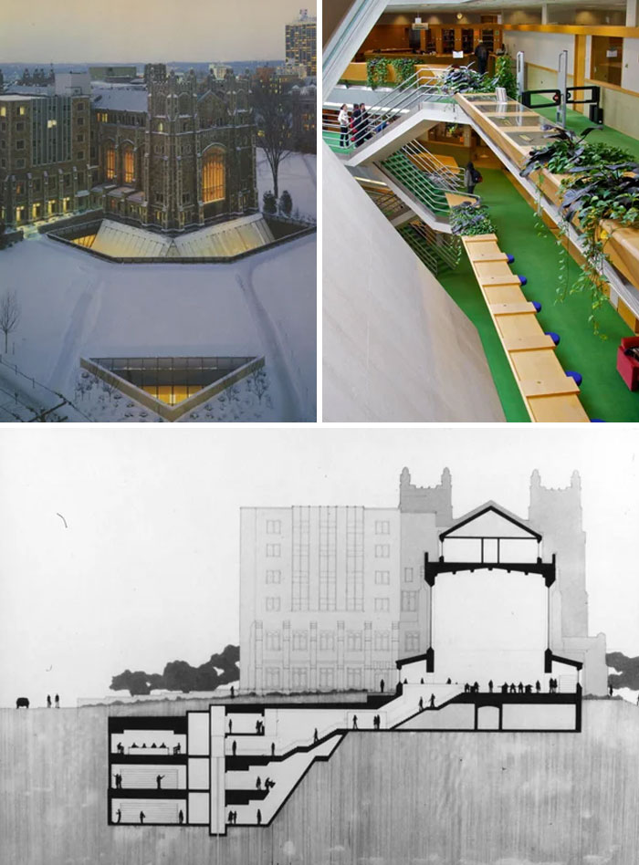 Extensión de la Biblioteca de Derecho de la Universidad de Michigan, Ann Arbor, Michigan, por Gunnar Birkerts (1981). La extensión moderna es en gran parte subterránea