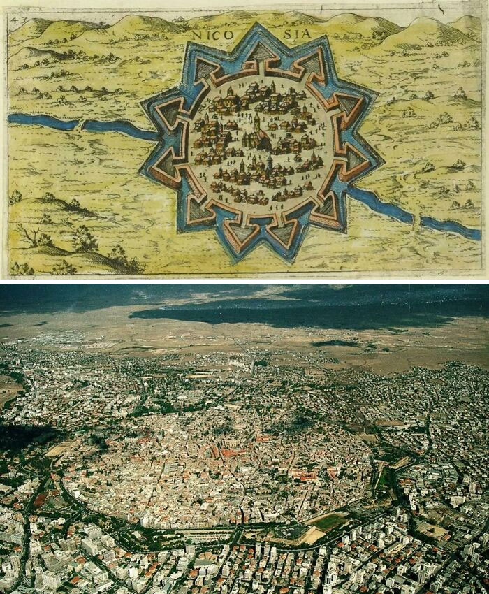 A 16th Century Map Of Nicosia, Cyprus And The City From Above Today