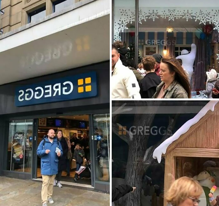 This Shop Has Mirrored Its Sign To Take Advantage Of The Popular Christmas Window Display In The Shop Opposite