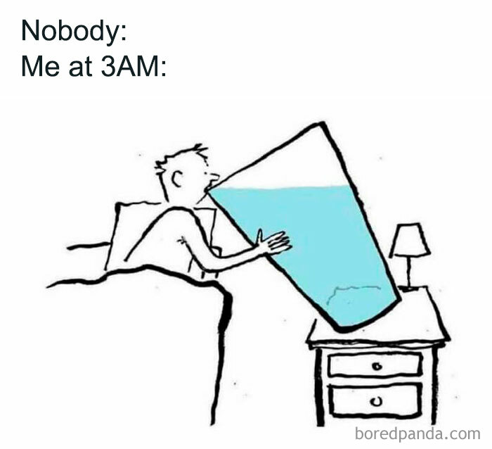Cartoon meme of a person at 3AM drinking water from a giant glass, illustrating iconic internet humor.