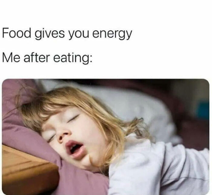 Young child sleeping on a pillow with meme text about food and energy, iconic internet culture.