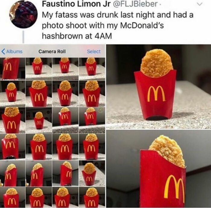McDonald's hashbrown photoshoot at 4 AM, featuring a red fries container; an icon of internet culture memes.