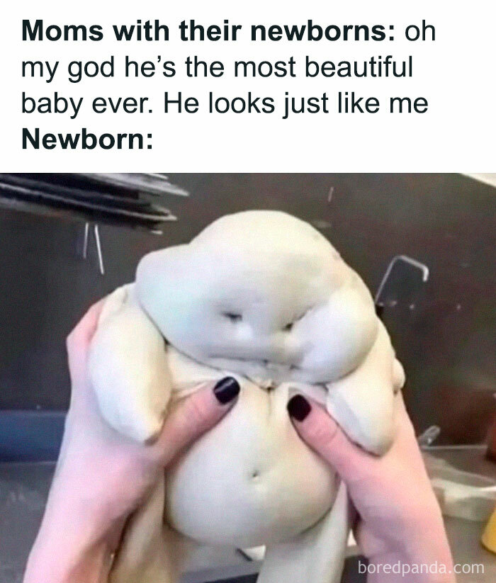 Funny internet culture meme showing dough shaped like a baby, held by two hands with black nail polish.