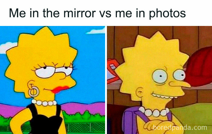 Cartoon character meme comparing mirror vs photos, iconic internet culture reference.