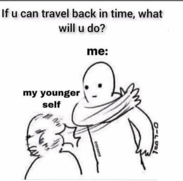 Drawing of a figure slapping another labeled "my younger self," referencing iconic internet culture memes.