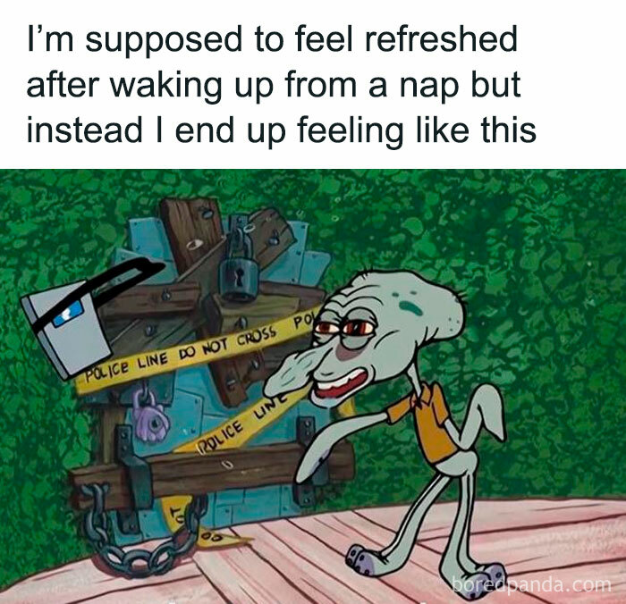 Squidward meme feeling tired after a nap, iconic in internet culture.
