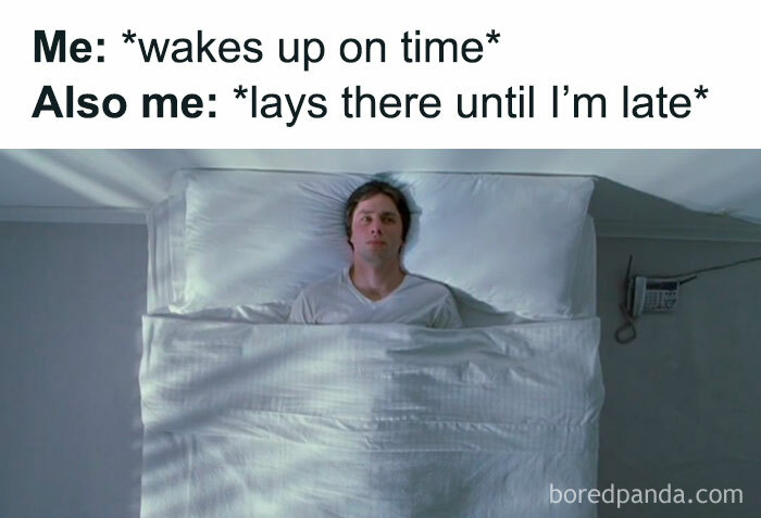 Person in bed, captioned with a humorous meme about waking up on time but staying in bed, illustrating internet culture icons.
