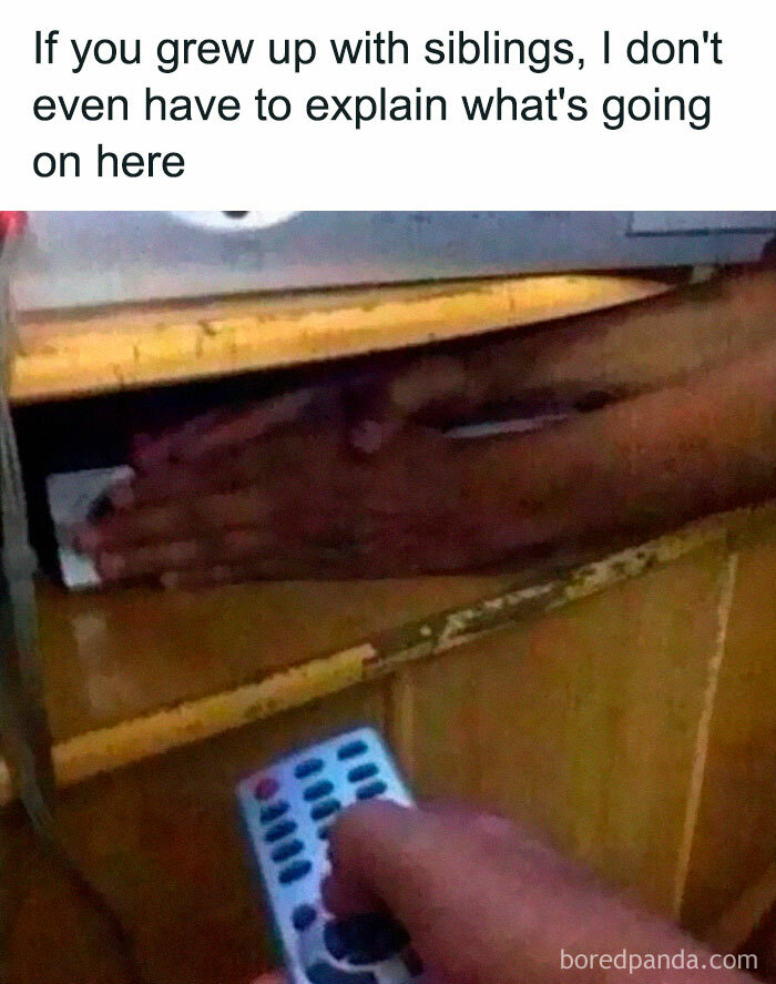 Sibling rivalry meme with hands blocking a TV sensor and a remote control. Iconic internet culture humor.