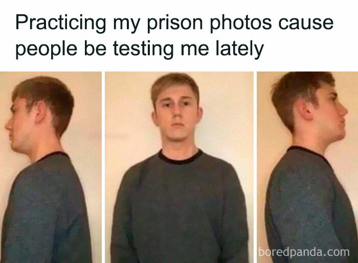 A humorous meme depicting a young man posing for mock mugshot photos, referencing internet culture icons.