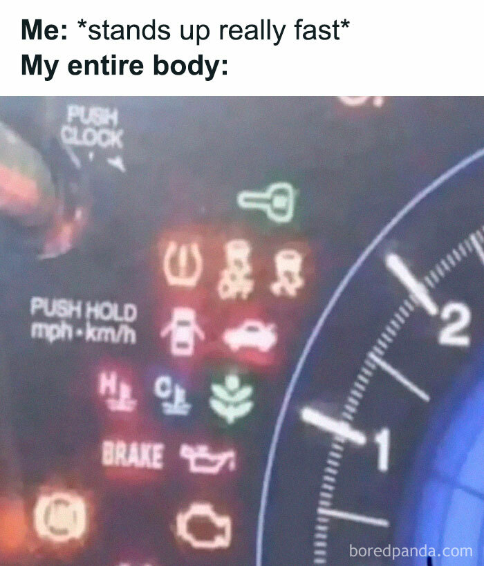 Dashboard meme depicting car warning lights as a humorous reaction to standing up quickly, iconic internet culture image.