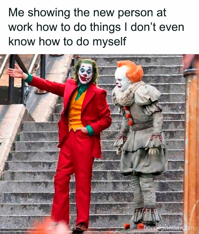 Two clowns on a staircase, one in a red suit gesturing, exemplifying iconic internet culture memes.