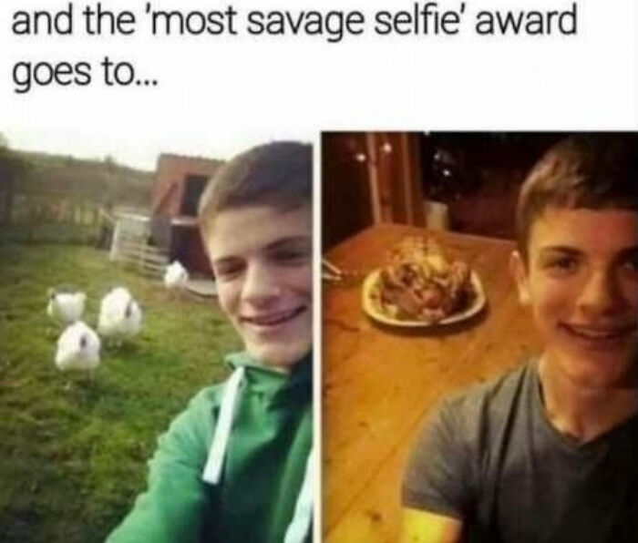 Teen in a two-part meme, first with turkeys outdoors, then with a cooked turkey inside, highlighting internet culture.