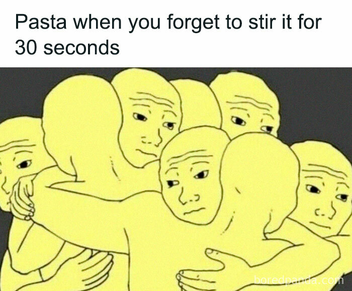 Group of humanoid figures hugging, a meme about pasta symbolizes iconic internet culture.