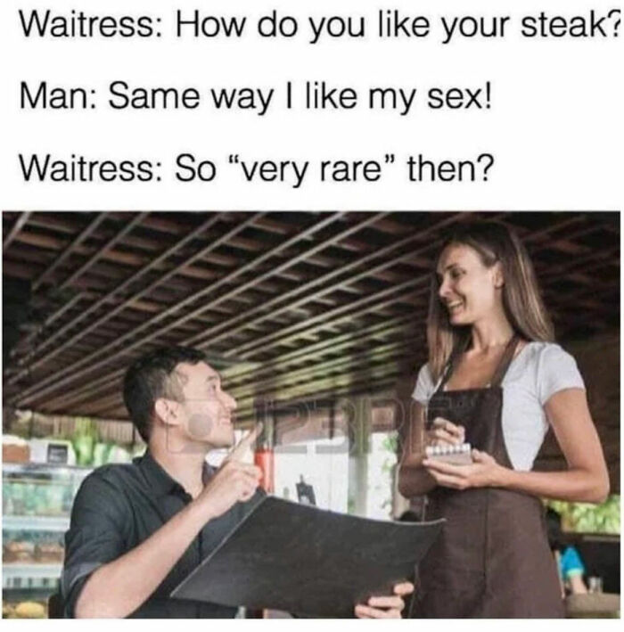 Waitress and man in a restaurant exchanging humorous dialogue, iconic internet meme.