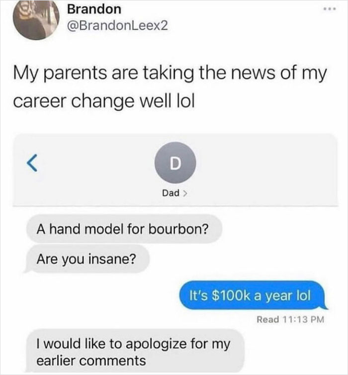 Text exchange meme about a career change to hand modeling, highlighting internet culture humor.