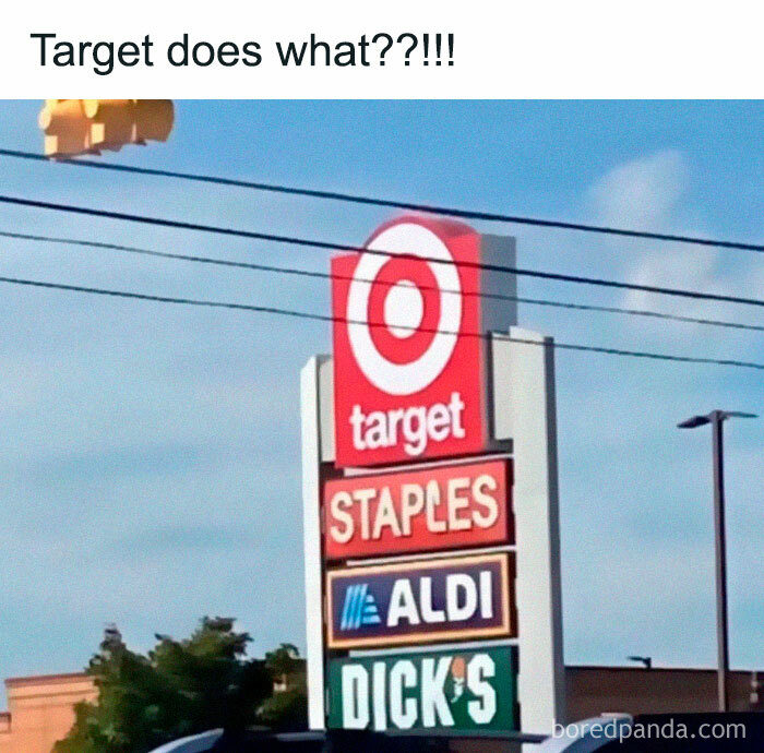 Shopping center sign with Target and other stores, humorously displayed in iconic internet meme format.