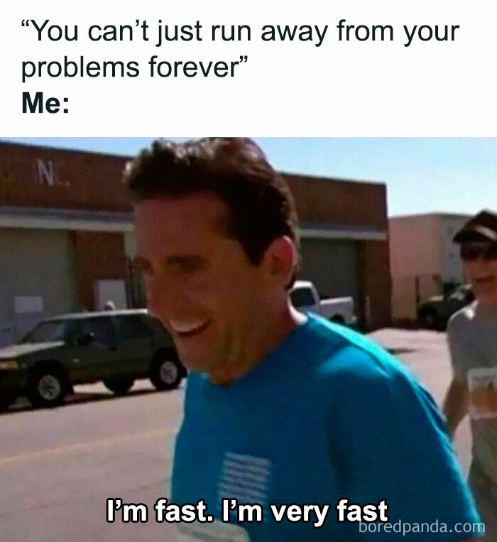 Man running away as part of an iconic internet culture meme with text reading, "I'm fast. I'm very fast."
