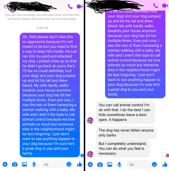 Neighbor’s Dog Keeps Getting Out And Causing Problems. First Picture Is The Message I Sent Her. Second Is Her Response. Just Take Some Damn Responsibility