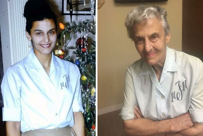 My Mom In 1966 And Today. Still Rocking The Same Shirt 55 Years Later