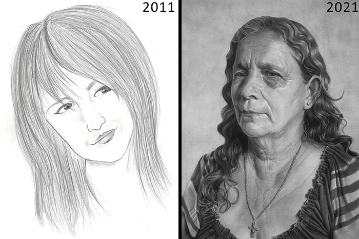 El primer retrato que hice en 2011 frente al más reciente de 2021, ha sido un largo viaje
