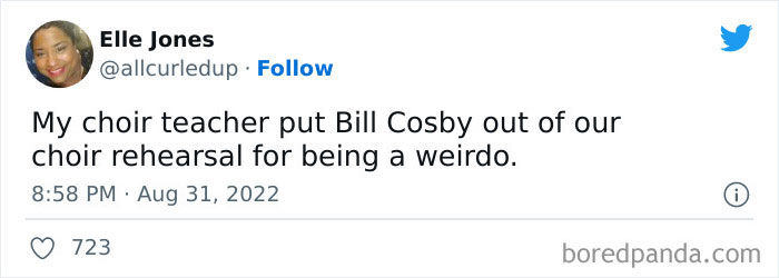 Tweet by Elle Jones humorously sharing a stranger than fiction story about a choir teacher in a viral Twitter thread.