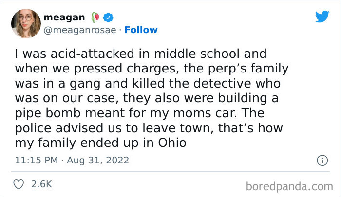 Tweet about a family forced to move to Ohio after a dangerous gang threatened them in a stranger than fiction story.