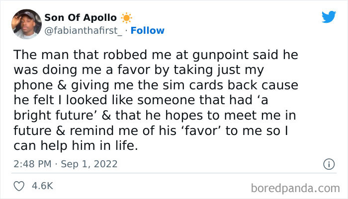 Tweet recounting a stranger at gunpoint showing unusual kindness in stranger than fiction stories that actually happened.