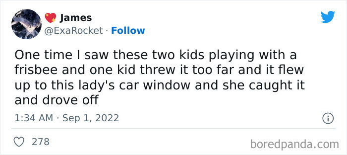 Tweet by user James sharing a stranger than fiction story about kids playing frisbee and a driver catching it in Ohio.