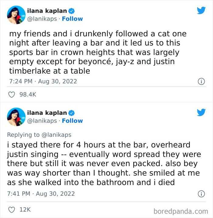 Twitter thread sharing stranger than fiction stories, including an unexpected encounter at a Crown Heights sports bar.