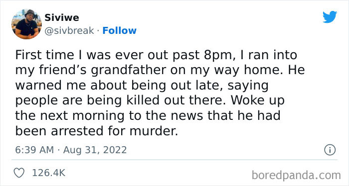 Tweet from user Siviwe sharing a stranger than fiction story involving a shocking encounter and a m****r arrest.