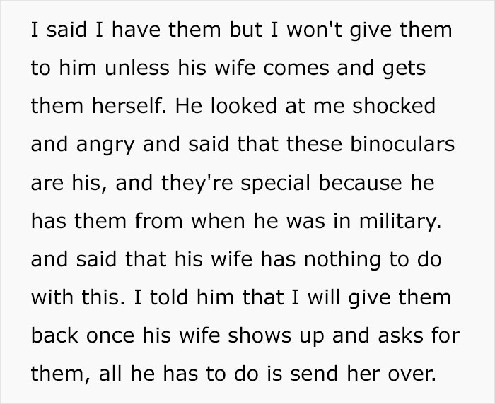 Neighbor Loses His "Special" Binoculars In This Woman's Yard, She Says His Wife Needs To Come And Pick Them Up
