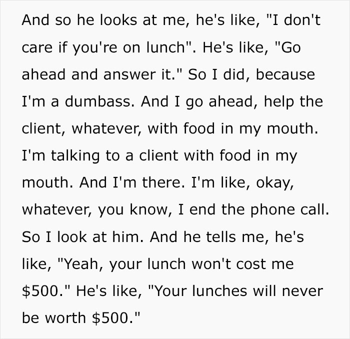 "Your Lunch Won't Cost Me $500": Boss Demands Employee Answer Phone While She's Eating "Your Lunch Won't Cost Me $500": Boss Demands Employee Answer Phone While She's Eating