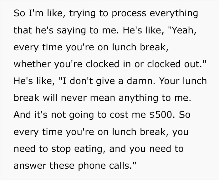 "Your Lunch Won't Cost Me $500": Boss Demands Employee Answer Phone While She's Eating "Your Lunch Won't Cost Me $500": Boss Demands Employee Answer Phone While She's Eating