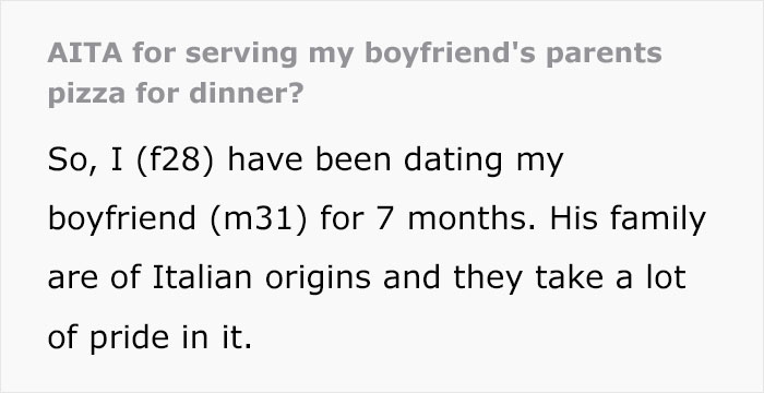 "Am I The Jerk For Serving My Boyfriend's Parents Pizza For Dinner?" "Am I The Jerk For Serving My Boyfriend's Parents Pizza For Dinner?"